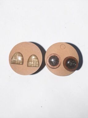 Handmade Wood and Resin Stud Earring Duo - Brown and Gold Tones